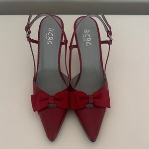 BCBG Paris Red Pointed Slingback Heels with Bow Accent